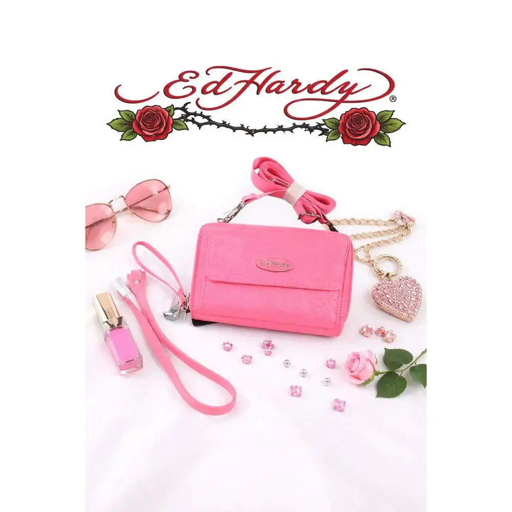 Ed Hardy Fuchsia Pink 3-in-1 Phone Wallet Crossbody